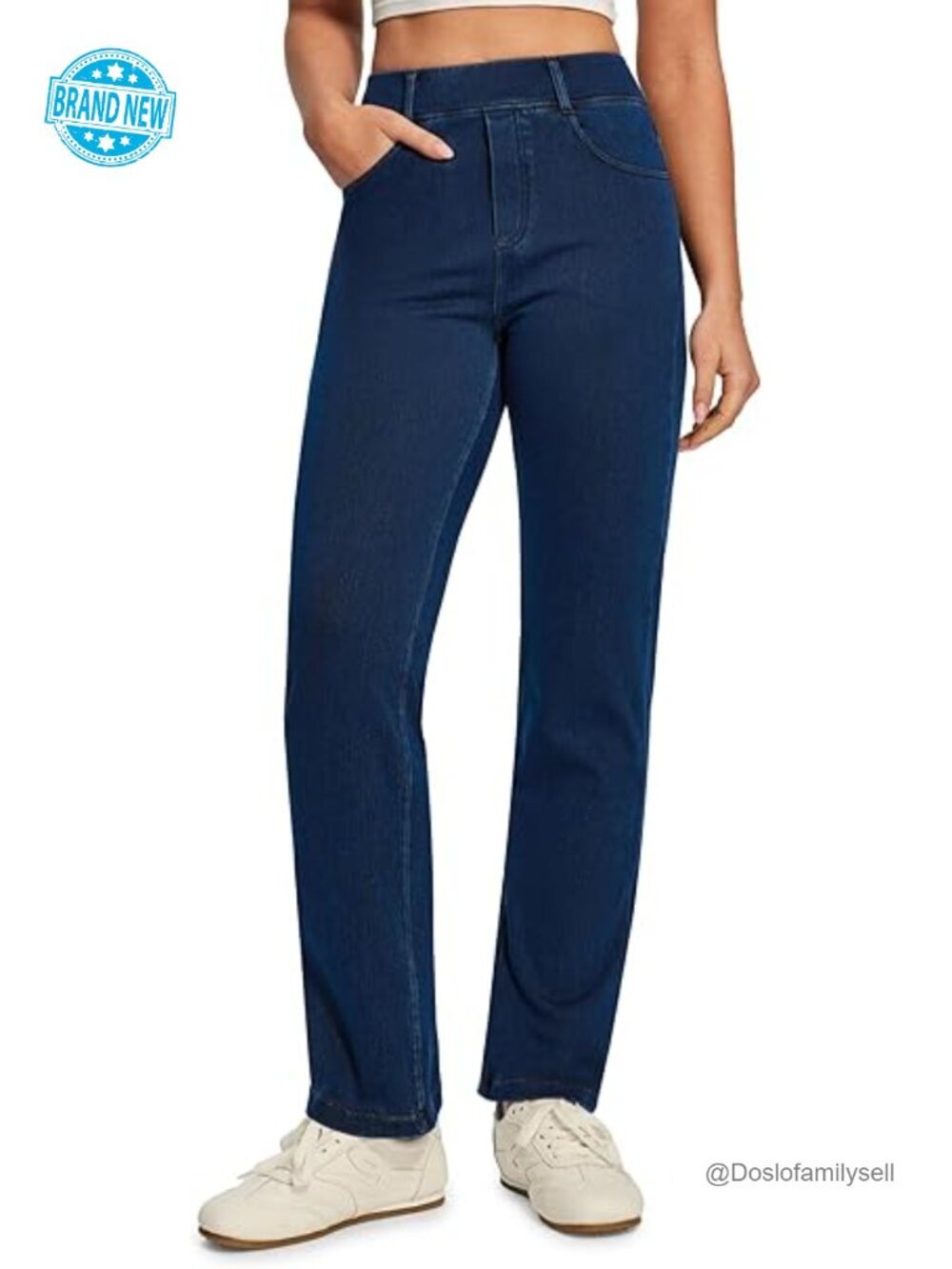 Stretchy Straight Leg Pull On Jeans for Women High Waisted Sweatpant Denim